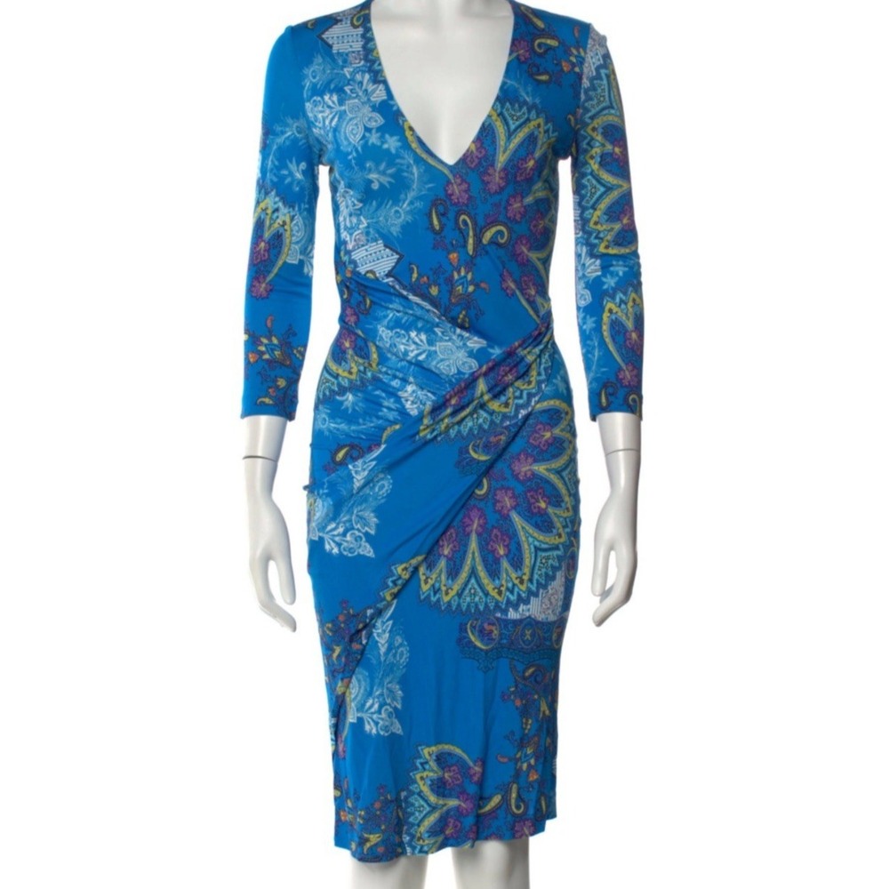 Etro paisley midi sheath‎ dress with a surplice wrap front Women's 44 US M